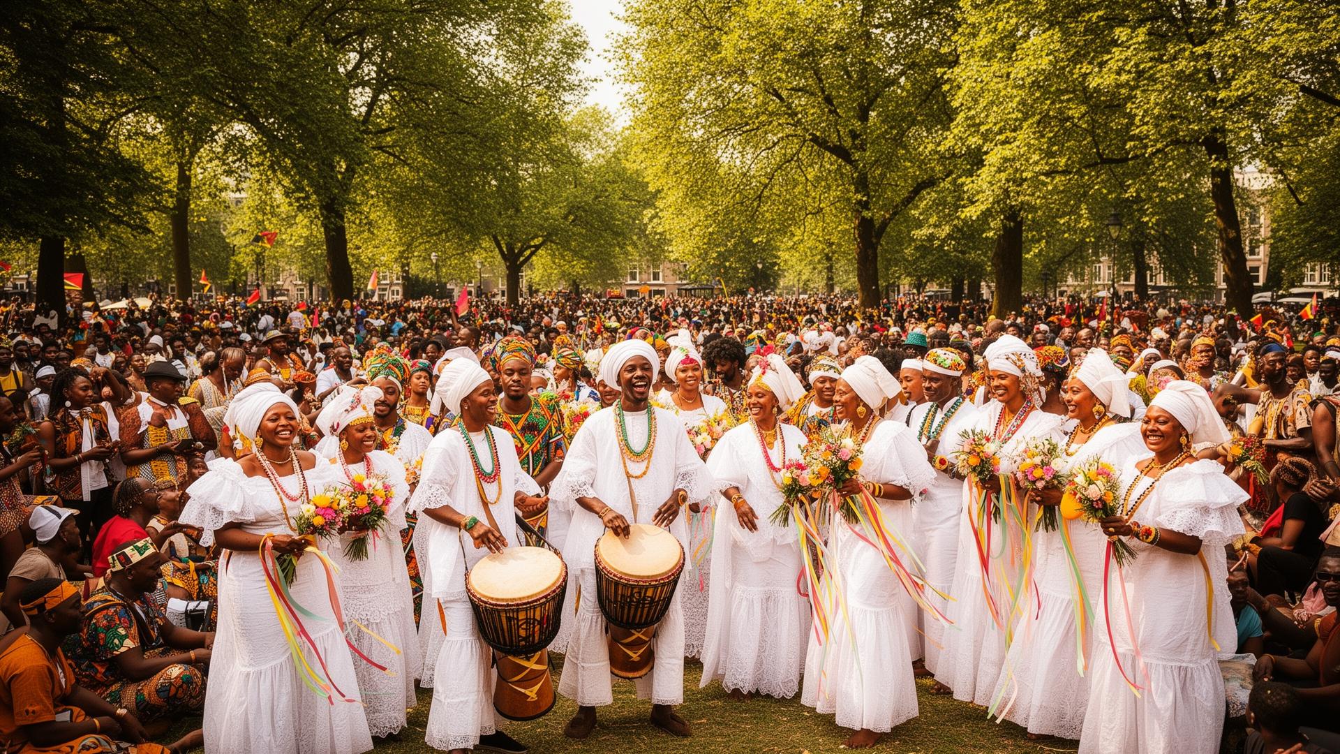 Keti Koti celebration in Oosterpark Amsterdam with white koto dresses and drums