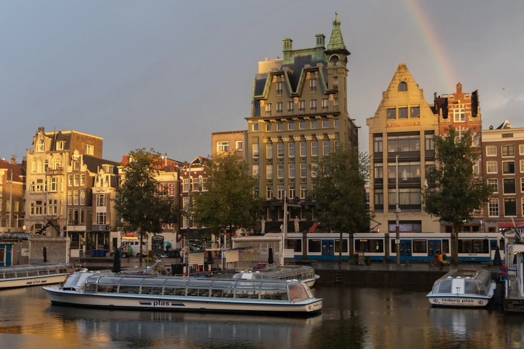 A rainbow in the sky over a city