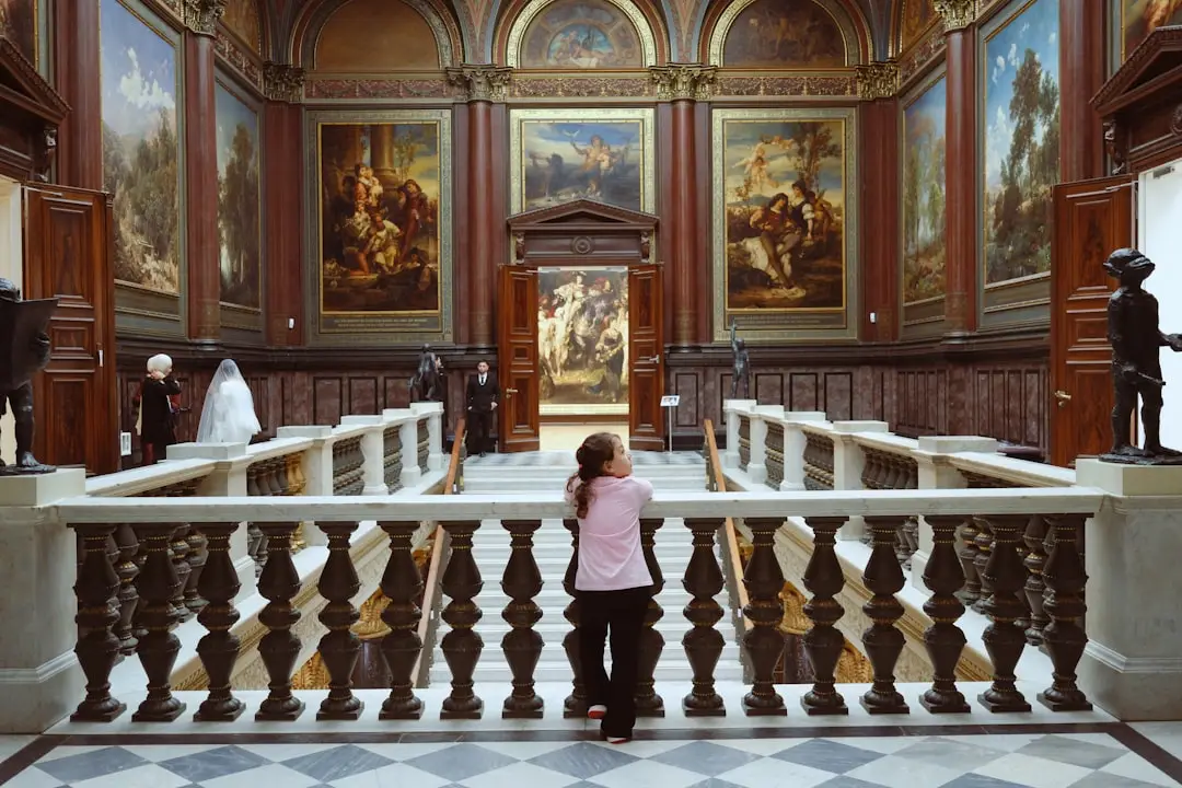 A person looks at paintings in a grand hall.