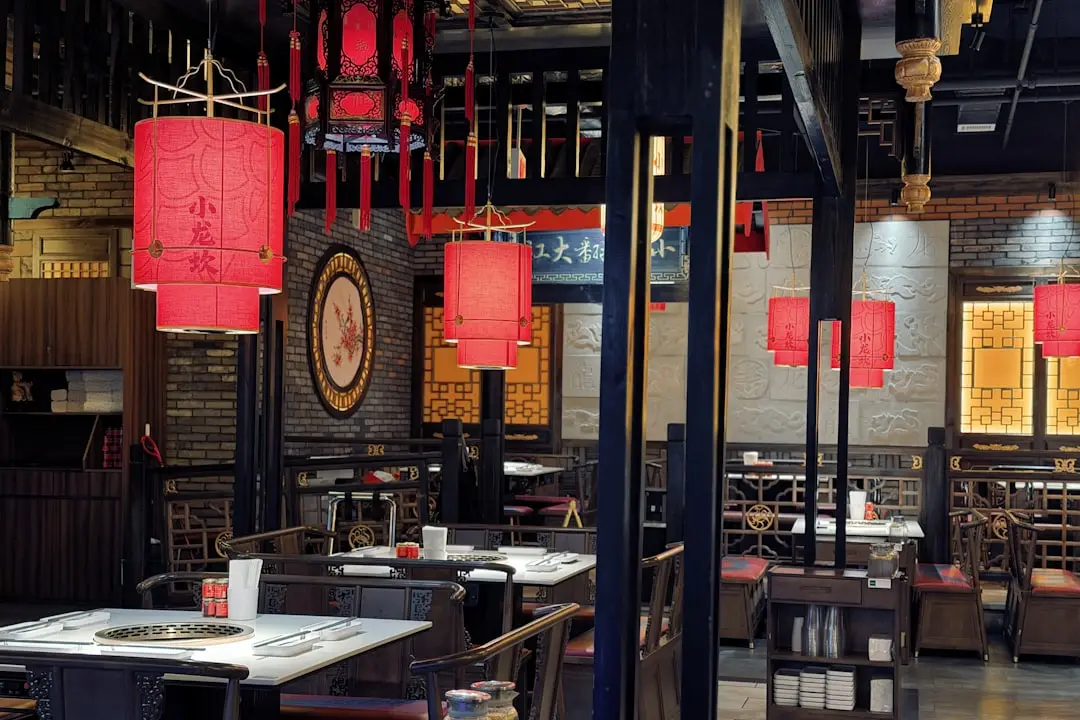 Traditional chinese restaurant interior with red lanterns