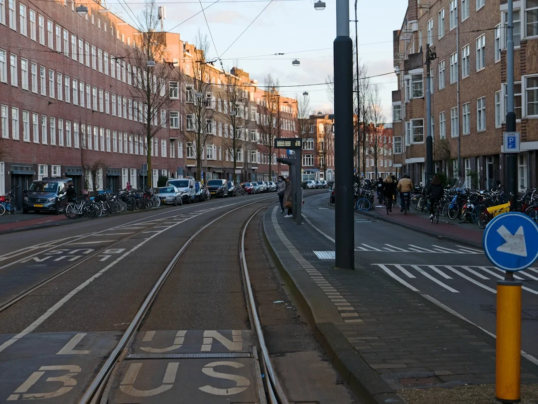 A tram on a street in central Amsterdam